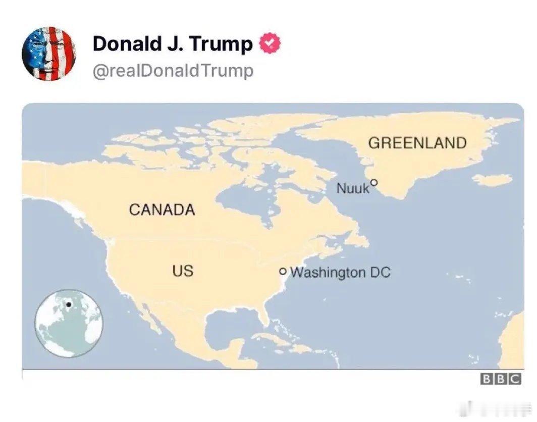 特朗普贴图已经把加拿大，墨西哥和格陵兰岛并入到了美国地图。[允悲] 
