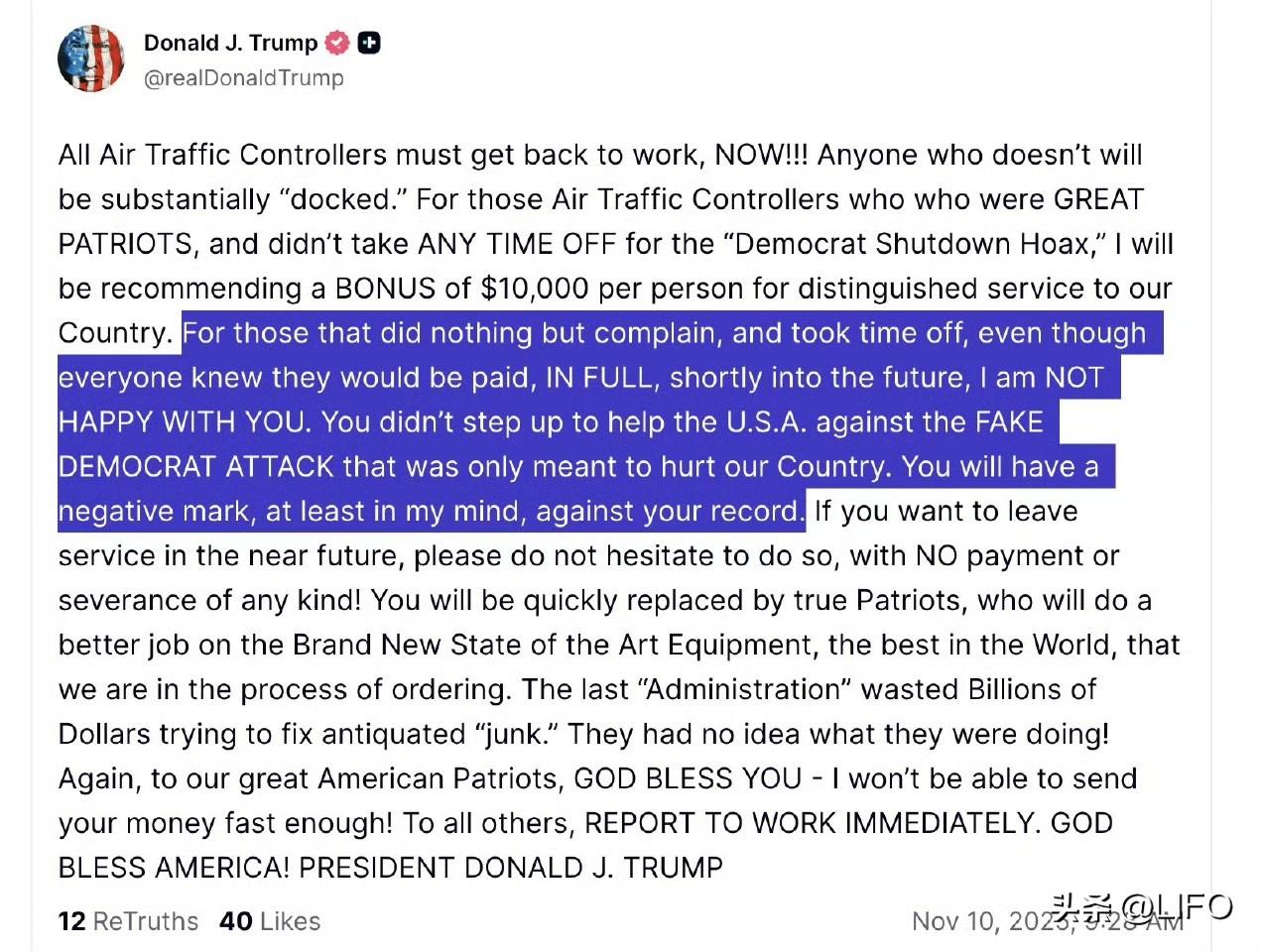 特朗普对美国空管人员喊话：“那些只会抱怨还请假的人，尽管大家都知道不久后就能领到