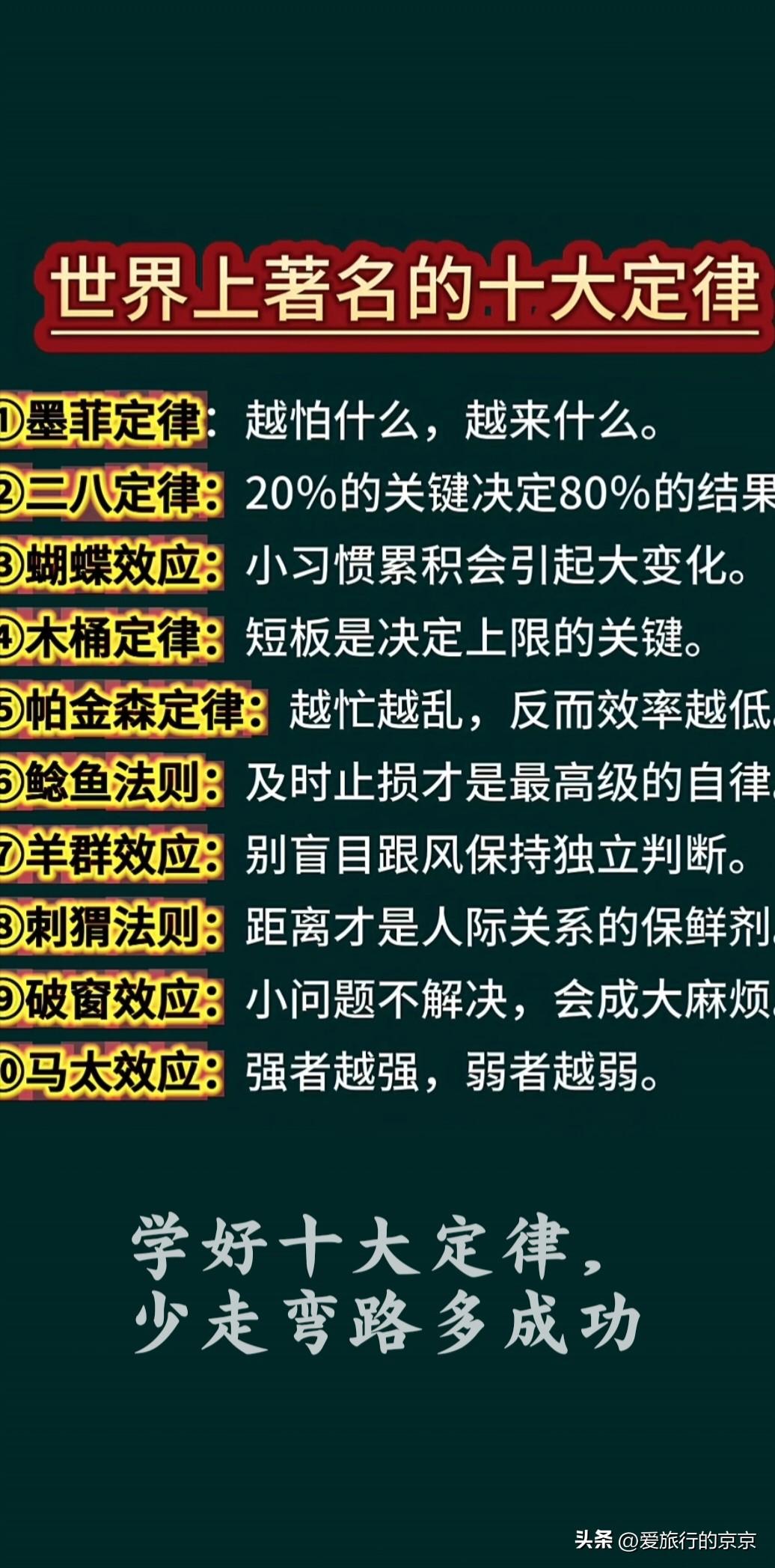 世界著名的十大定律
老人常说的:
    越忙越乱，导致效率更低~这叫帕金森定律