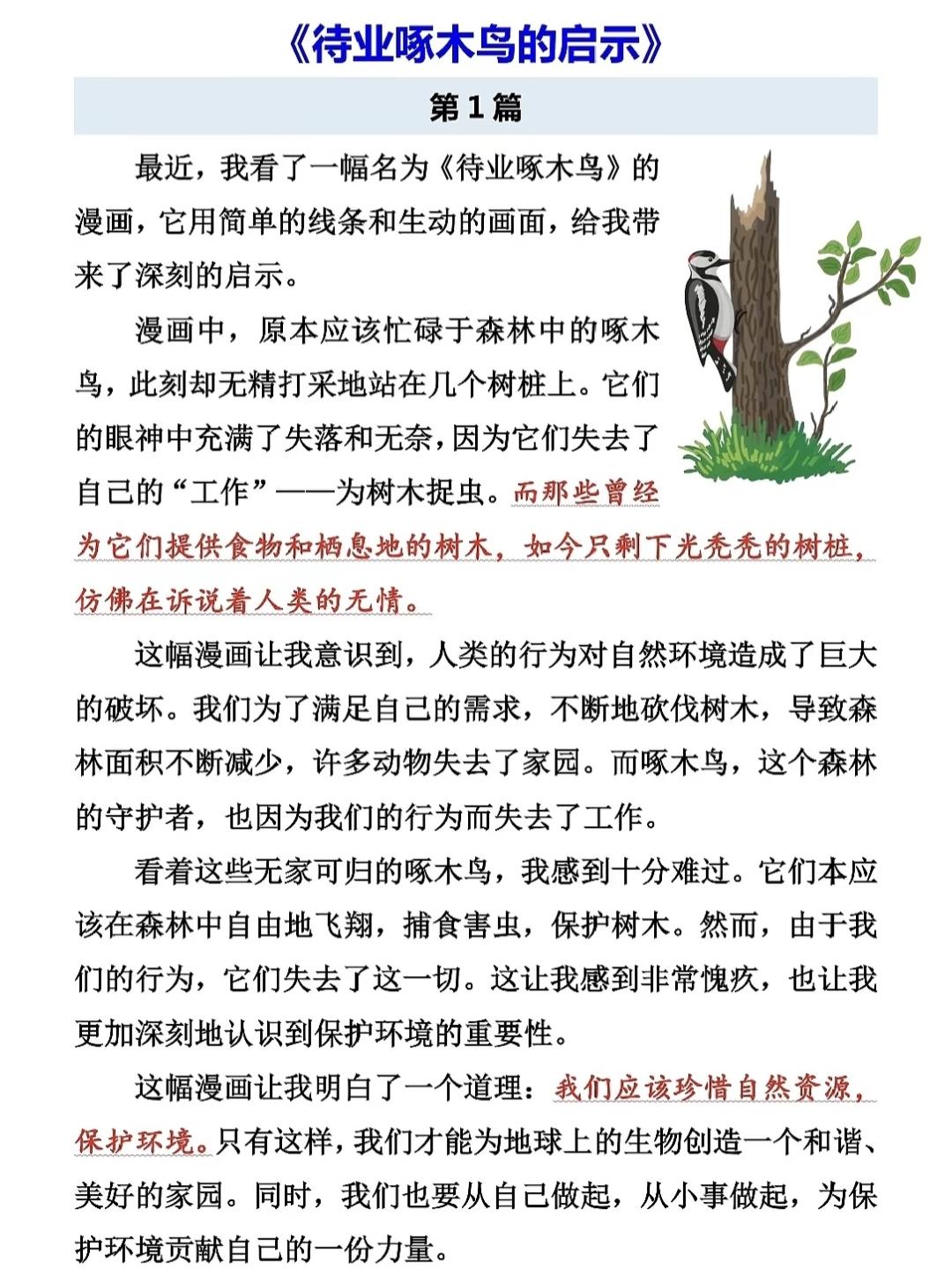 五年级下册语文，第八单元习作《待业啄木鸟的启示》精选范文，收藏备用