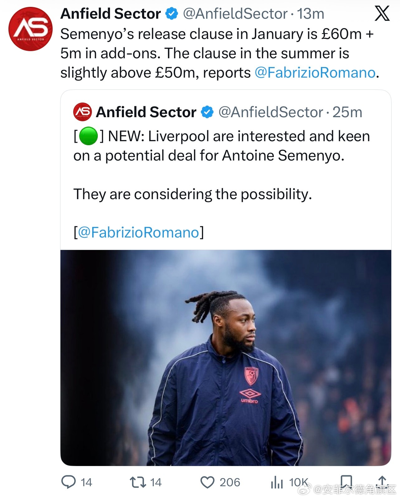 罗哥透露塞梅约冬窗解约金为6000万英镑固定➕500万英镑的附加条款。到了夏窗解