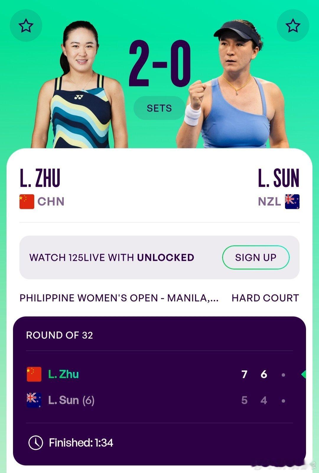 WTA125马尼拉站🇵🇭女单第一轮朱琳🇨🇳7-5/6-4战胜6号种子孙璐
