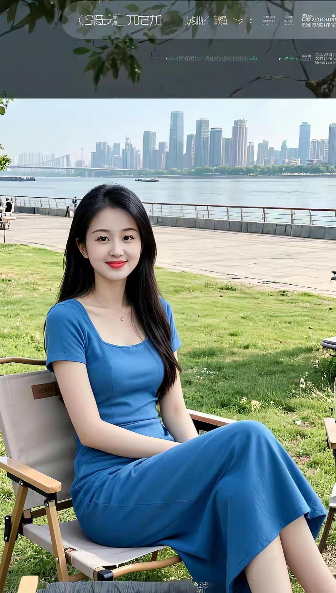 蓝裙少女在河畔，清新自然，尽显夏日风情！🌞👗💃