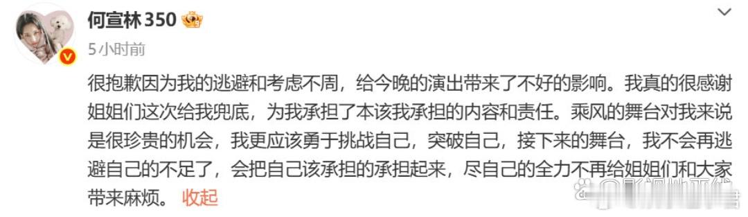 何宣林道歉今日凌晨，她发文道歉称很抱歉因为自己的逃避和考虑不周，给今晚的演出带来