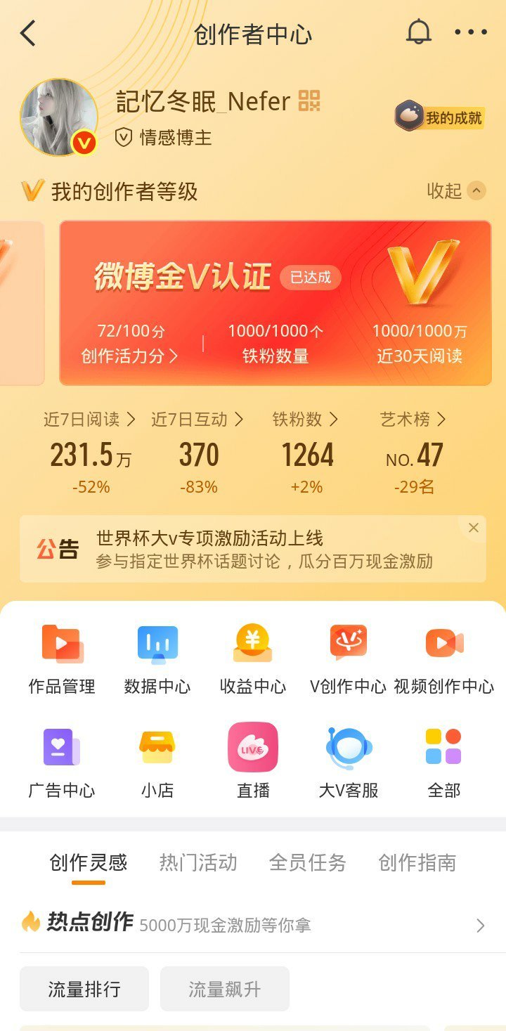 创作活力分居然72了虽然但是我都没发啥