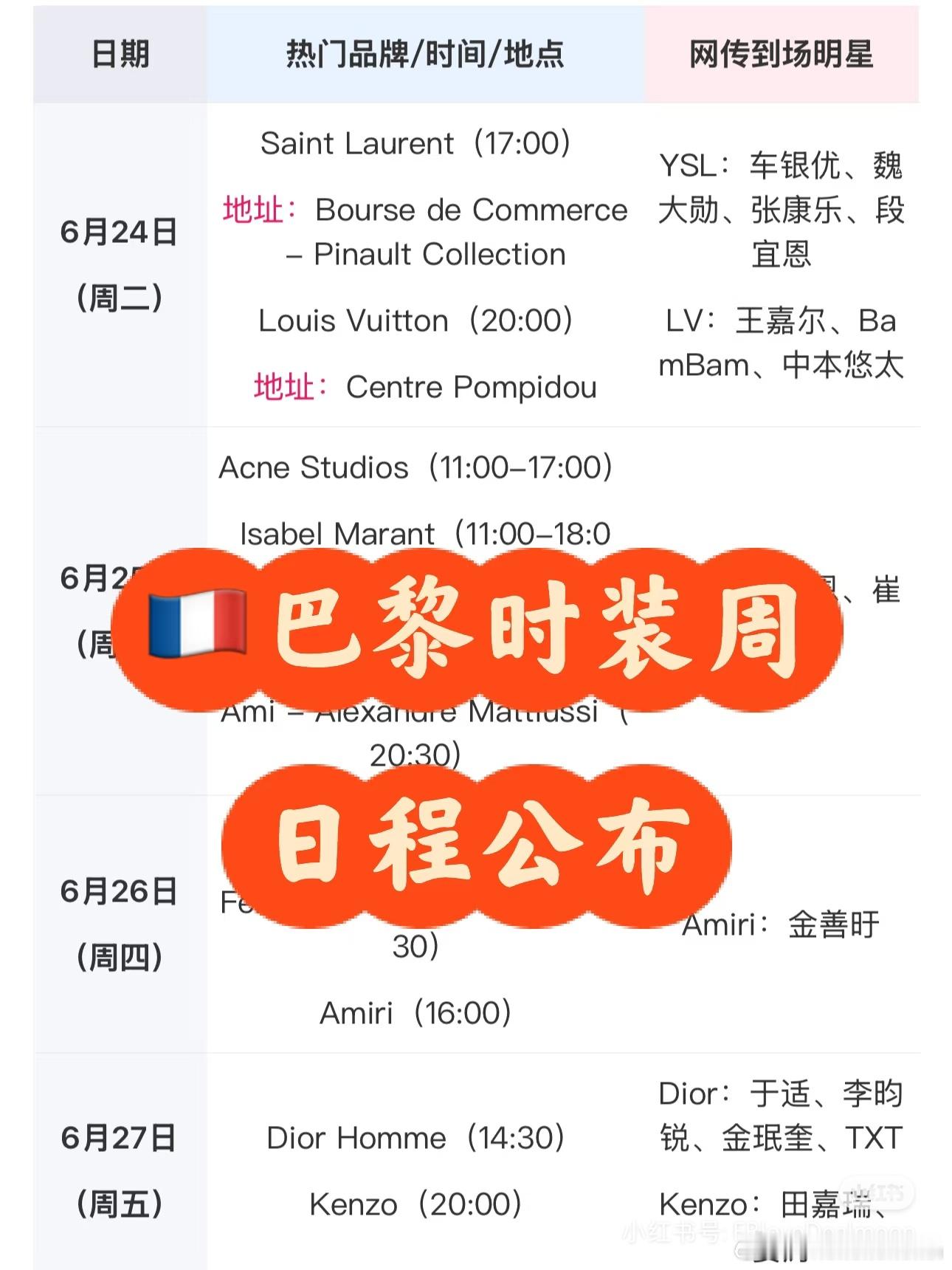 巴黎时装周秘明星日程大公开！2025年6月24日﹣29日的2026年春夏男装发布