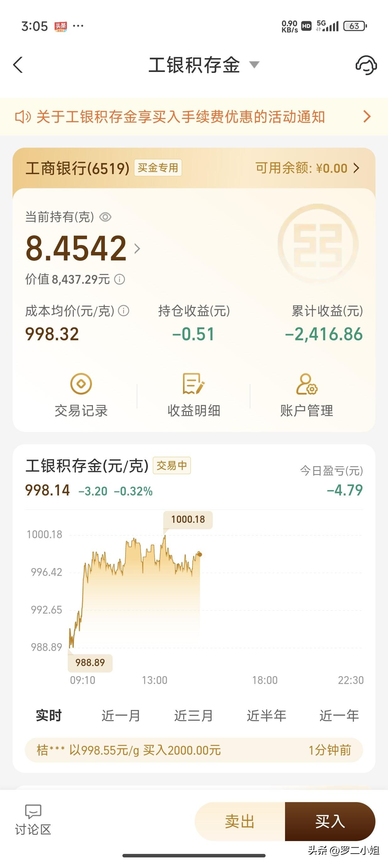 中午上涨到1000块钱一克，我没卖看看才赚十来块钱，我一克都不卖，如果能赚到80