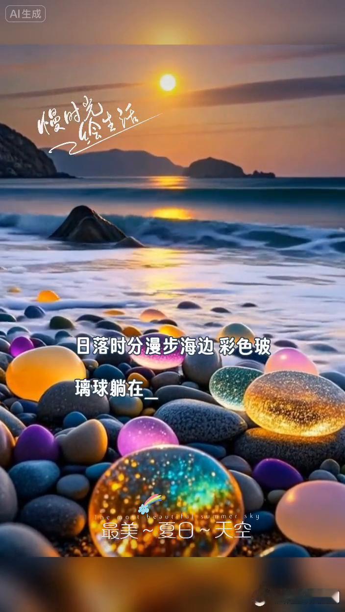 慢时光，一绘生活。
最美夏日天空，日落时分漫步海边彩色玻璃球，玻璃球躺在鹅卵石间