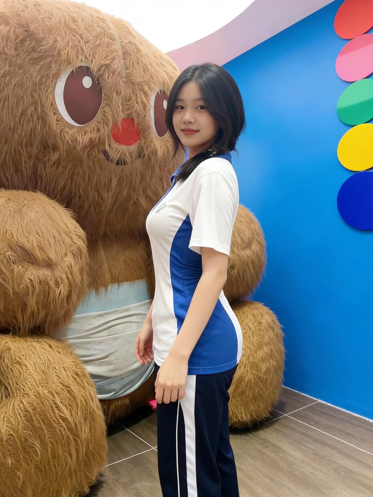 蓝白校服映彩墙，巨熊相伴意清扬。
童心未改青春色，一笑嫣然融寒霜。