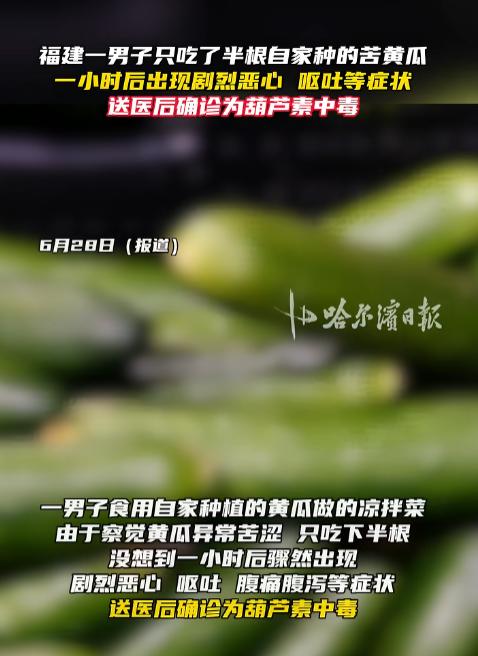 福建，一名男子食用自家种的黄瓜，觉得很苦涩，于是就吃了半根。可谁知，就是这半根黄