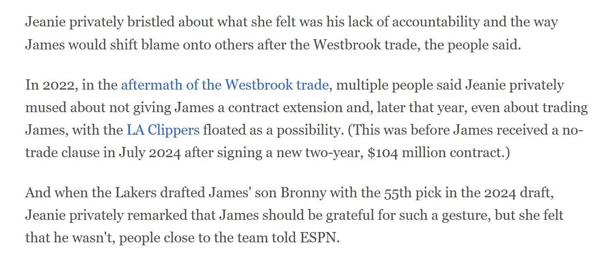 ESPN记者Baxter Holmes：湖人老板珍妮-巴斯近年来在内部对勒布朗-