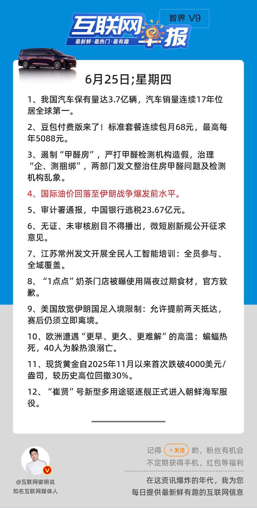 6月25日，星期四，《第3180期》；互联网早报，众览天下事关心第4条：国际油价