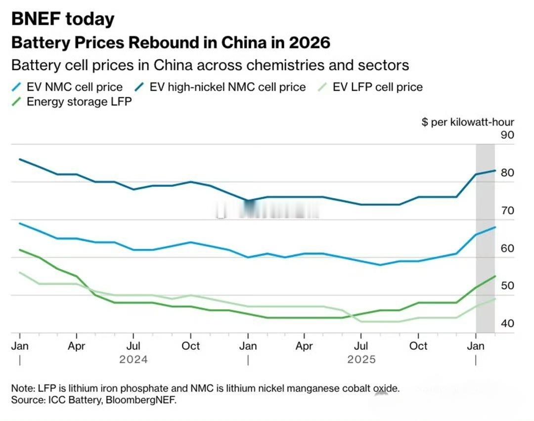 彭博社报道，进入2026年，中国市场的电池电芯价格在经历了自2024年开始的持续