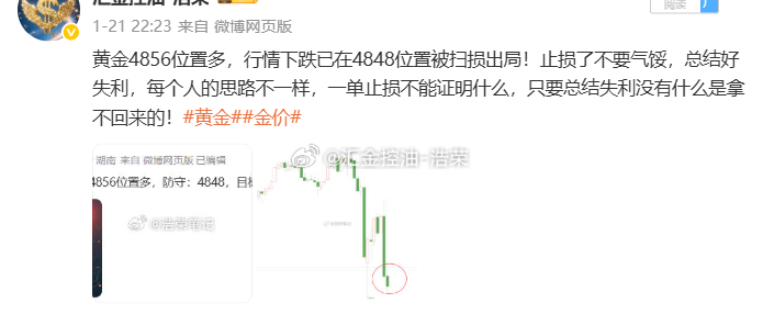 2026.1.21日周三操作记录总结！黄金4863位置多，在4886位置多单止盈