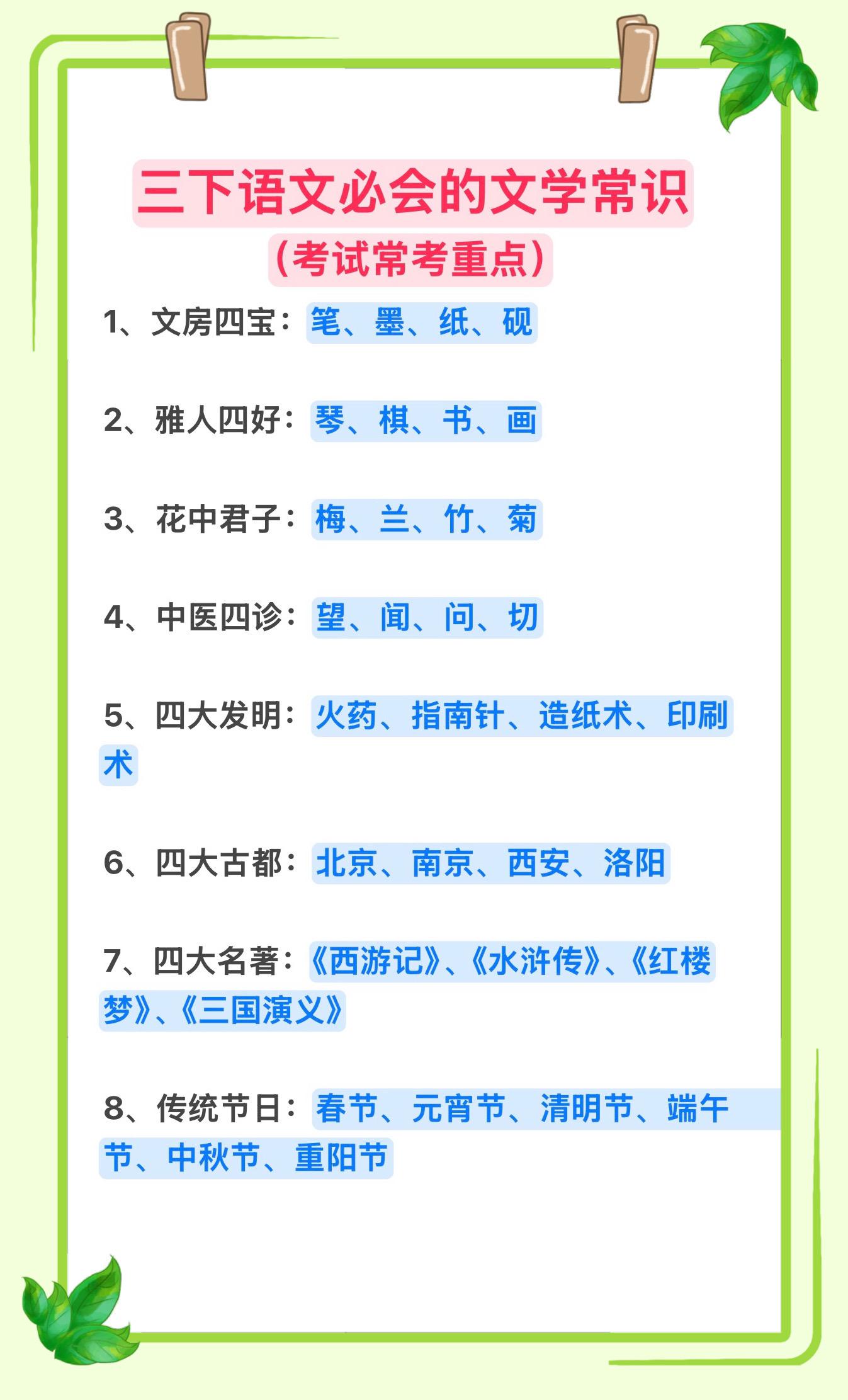 三年级下册语文必考文学常识，给娃整理好了！妈妈们快收藏起来让孩子读一读记一记吧！