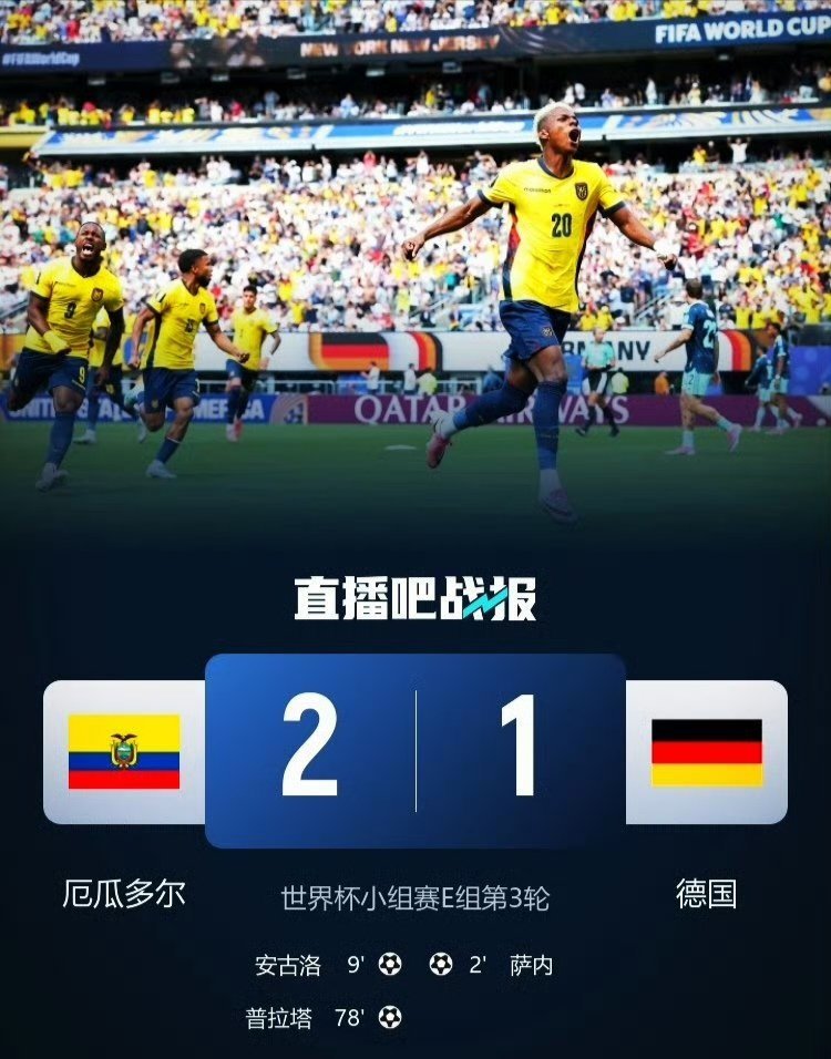 什么？2比1！一大早上看到厄瓜多尔战胜强大的日耳曼战车！厄瓜多尔2比1德国真的很