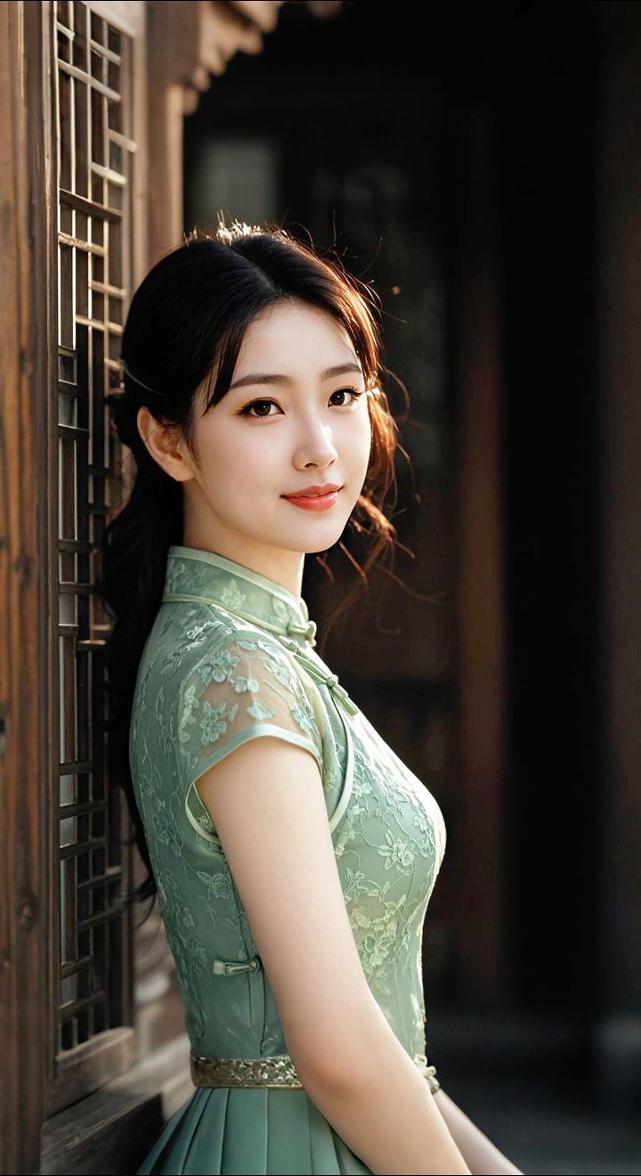 AI扩图 AI绿旗袍佳人