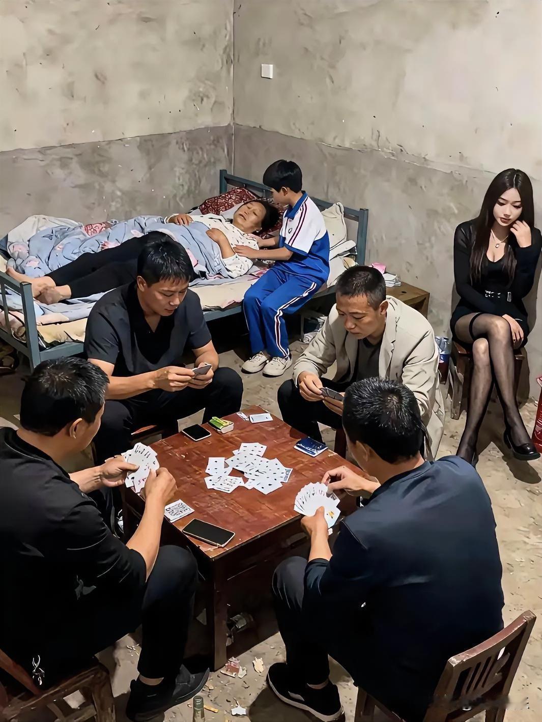 一进门人直接看傻！生病躺床的老人没人顾，半大校服娃在床边干着急，几个大老爷们围桌