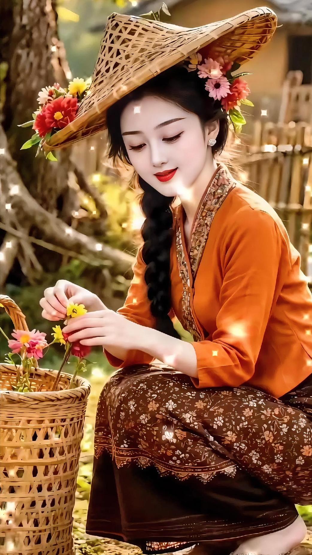 远离城市的喧嚣，沉醉在山野乡间的慢时光里。头戴质朴斗笠，鬓边繁花点点，一袭朴素衣