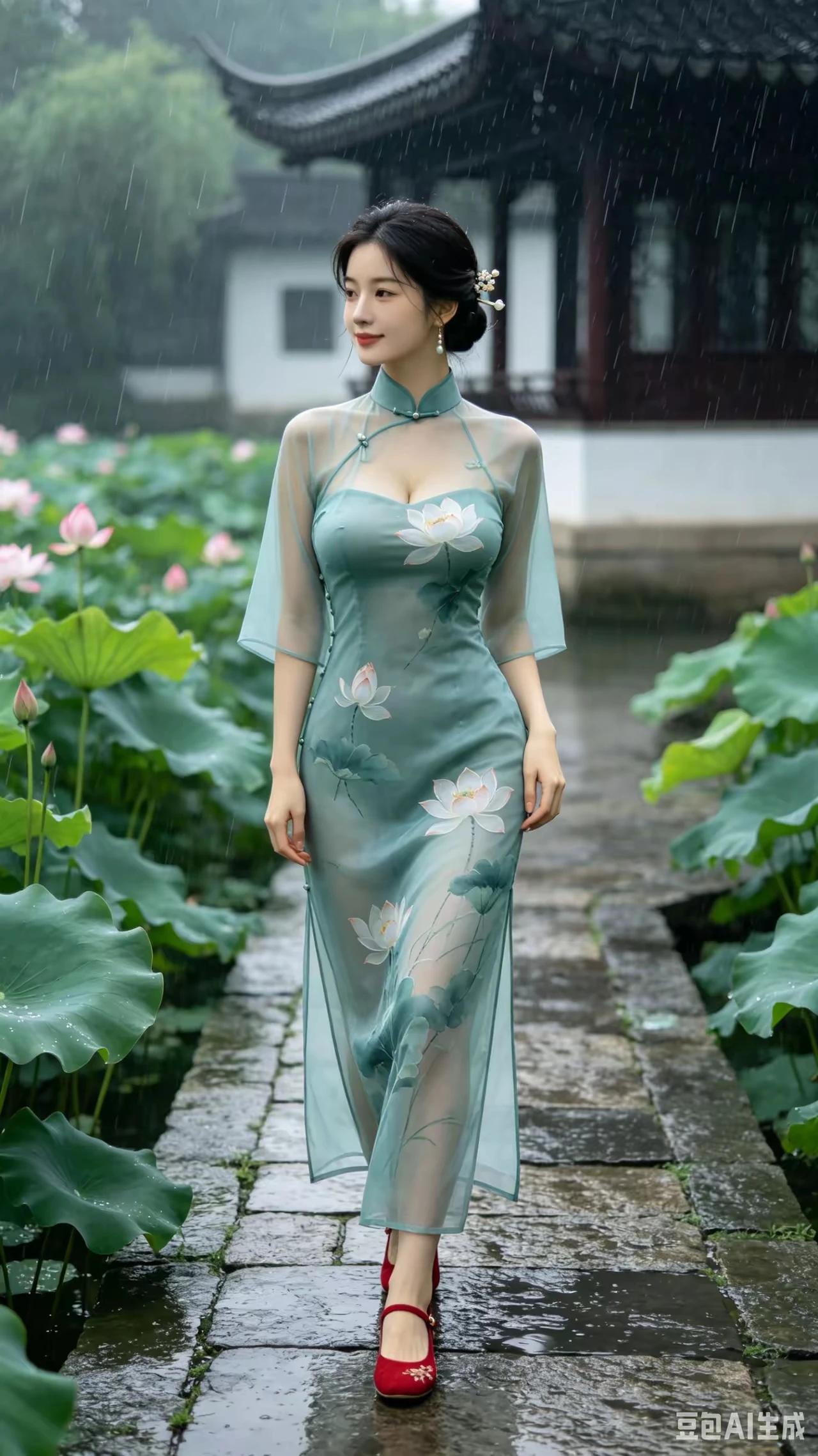 上联：荷花遍爱多情雨，
下联：鸳鸯戏水共缠绵。
