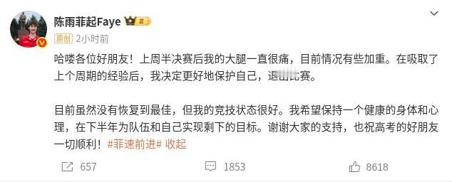 陈雨菲果然退赛了。
看羽毛球赛看多了之后，预测经常能神准。
本号最为得意的一次预