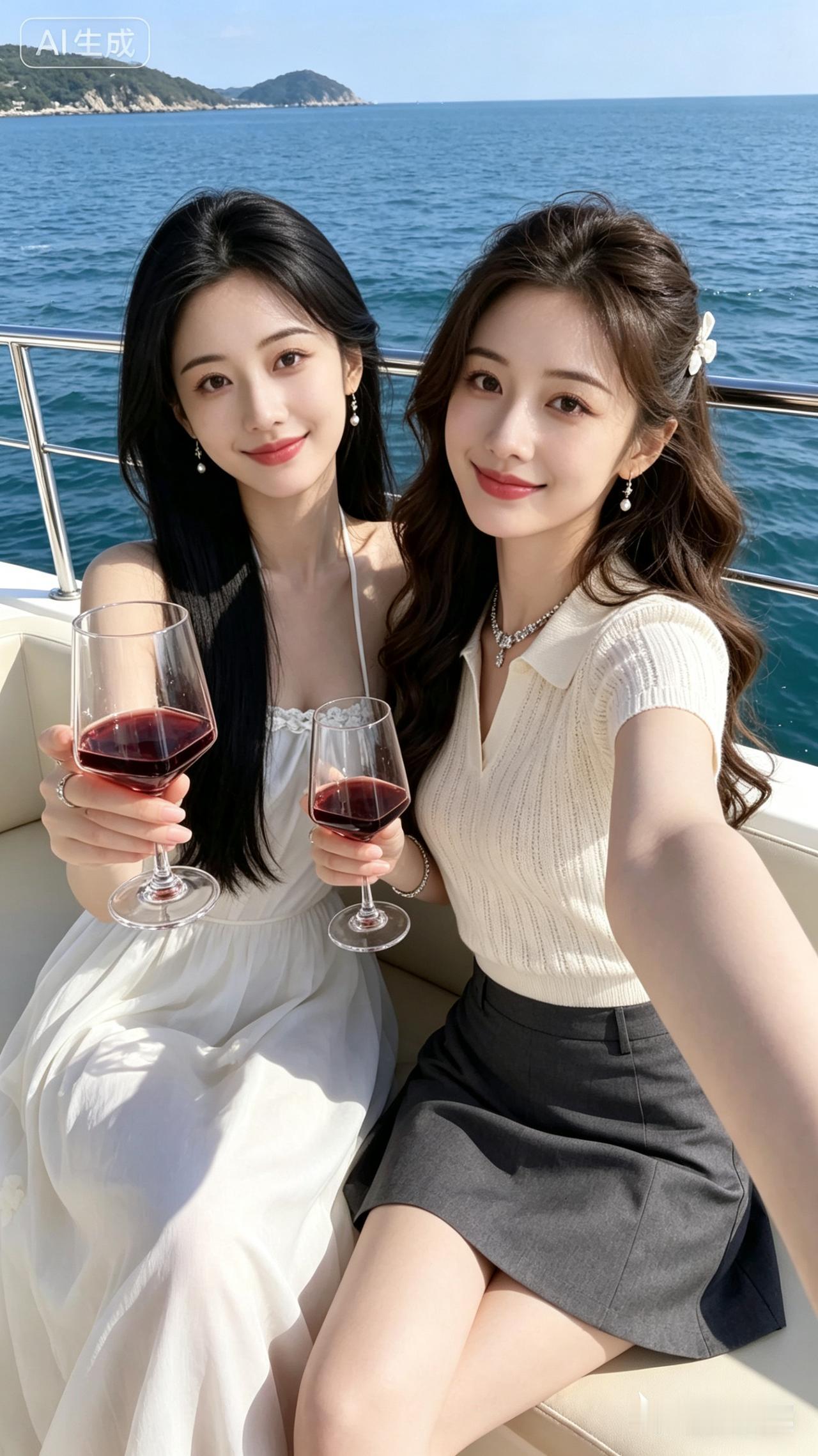 海边姐妹酒杯自拍，微醺时光，快乐加倍！🍷🌊
