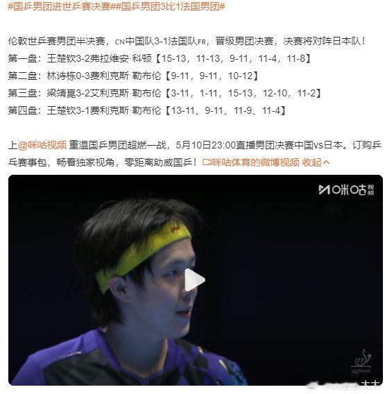 每天摸鱼打卡 早上好！今天醒来看到一个振奋人心的消息国乒男团3比1法国男团，顺利