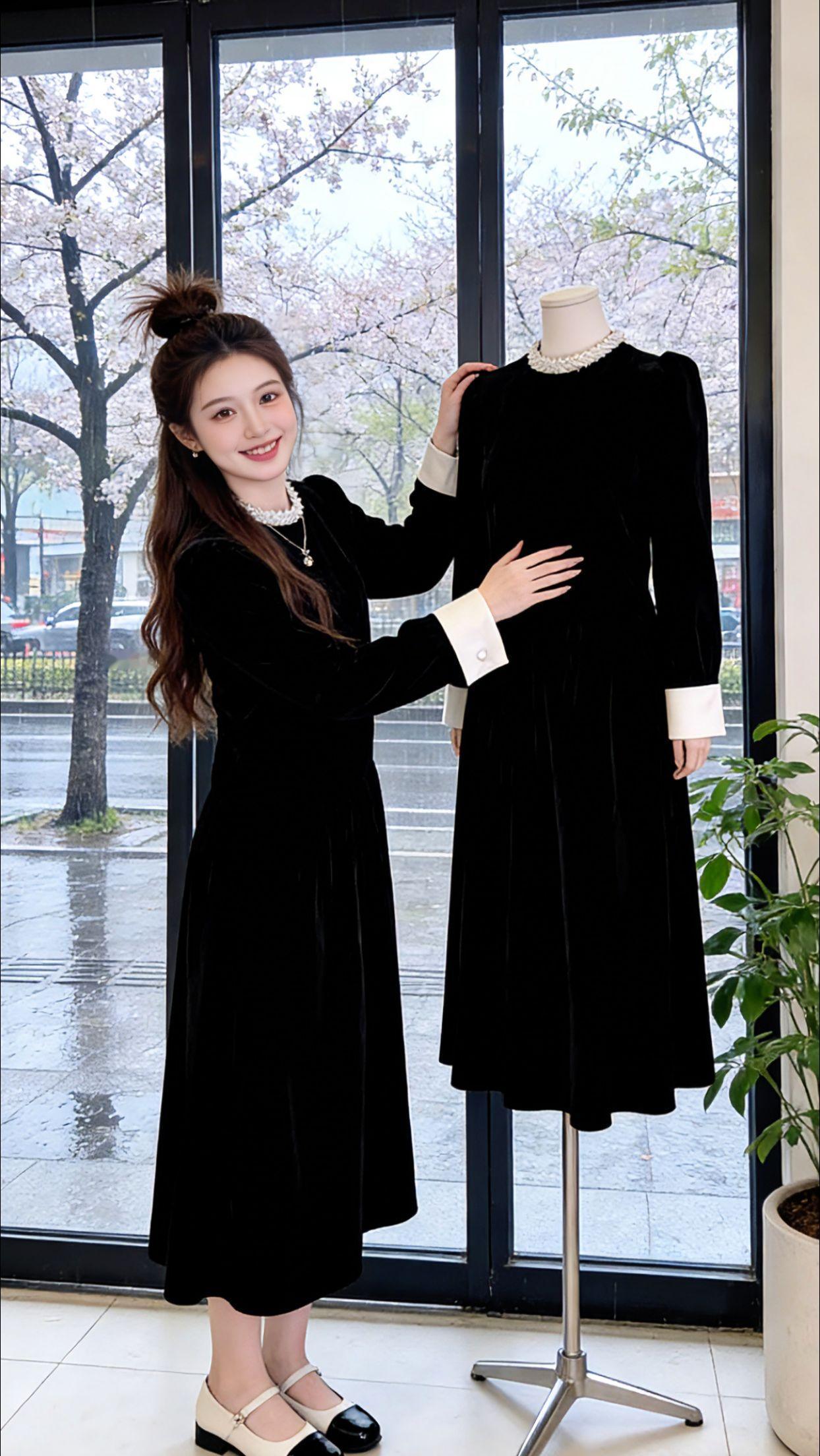 雨天窗前，Danny轻抚着同款丝绒裙的模特，珍珠领与白袖口的复古细节，像把法式浪