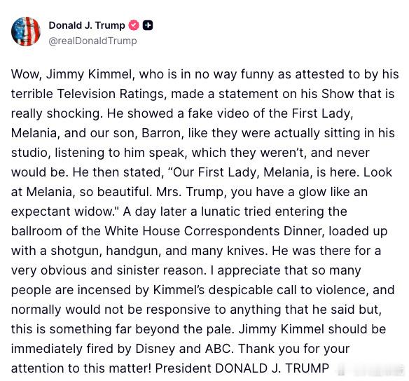 特朗普也要求立即解雇吉米·基梅尔，原因是其“卑鄙”言论称第一夫人梅拉尼娅为“准寡