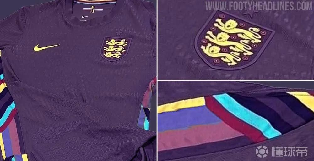 英格兰2024欧洲杯客场球衣揭晓，竟然是一件紫色为主调的球员，队徽则采用金色。这