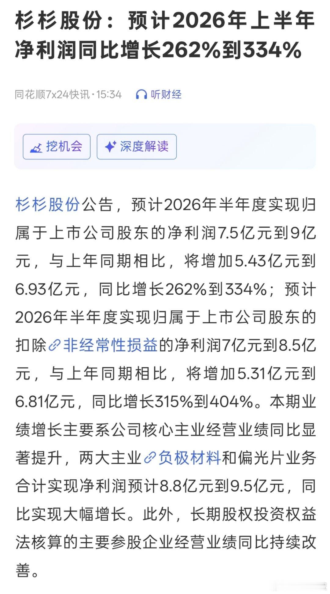 杉杉股份：预计2026年上半年净利润同比增长262%到334%。 