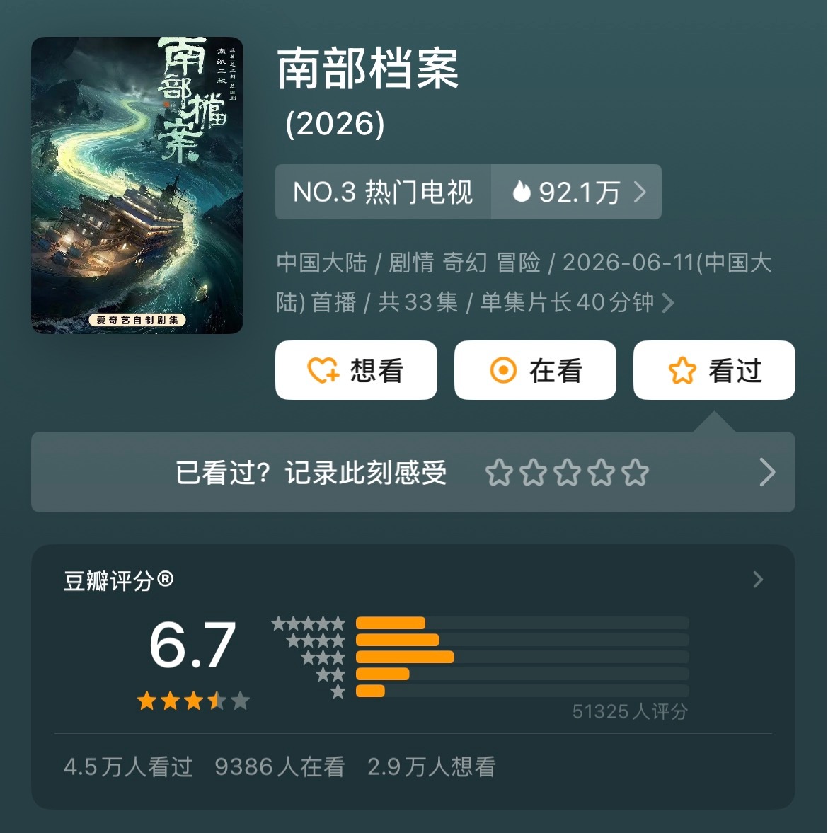 张新成丁禹兮主演《南部档案》豆瓣开分6.7，看了一集，还没追下去..... 