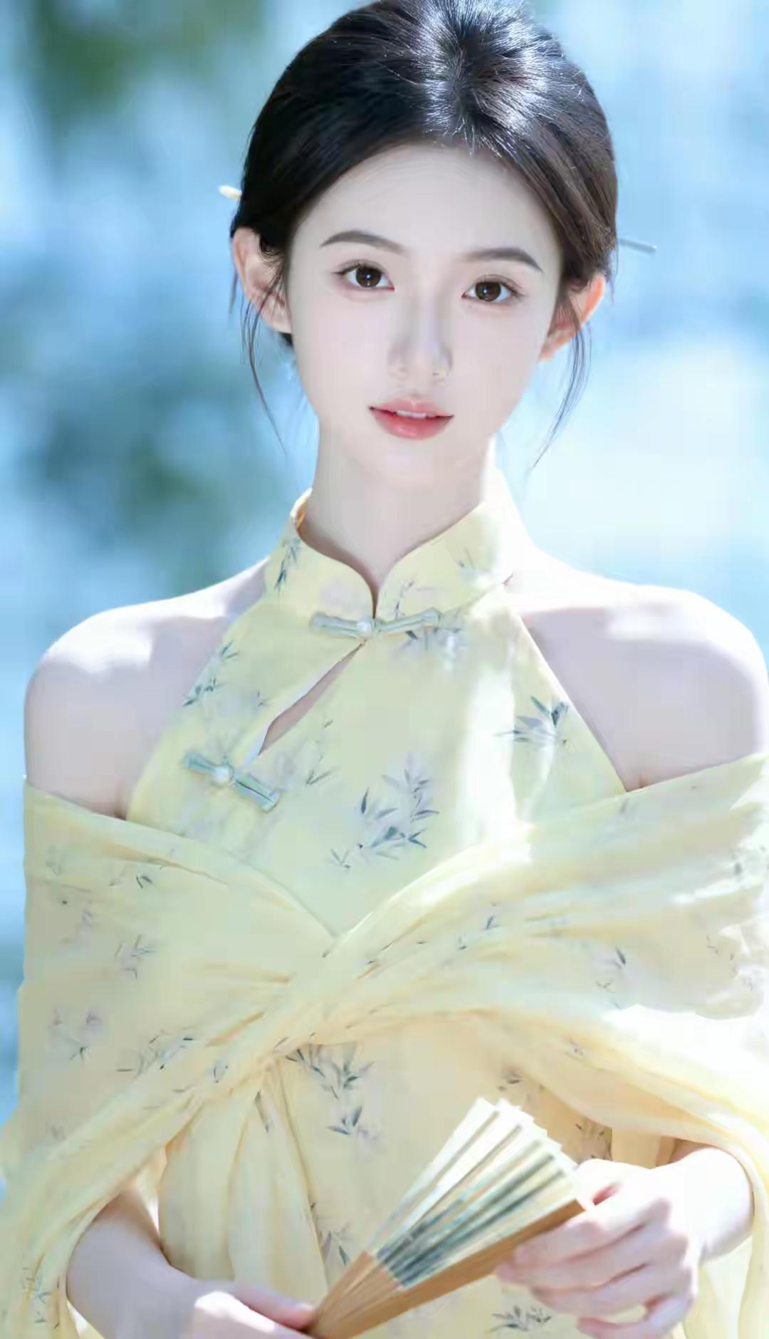 旗袍给予什么样女性美?整体风格与美学特征
服饰：鹅黄色改良挂脖旗袍，搭配同色系薄