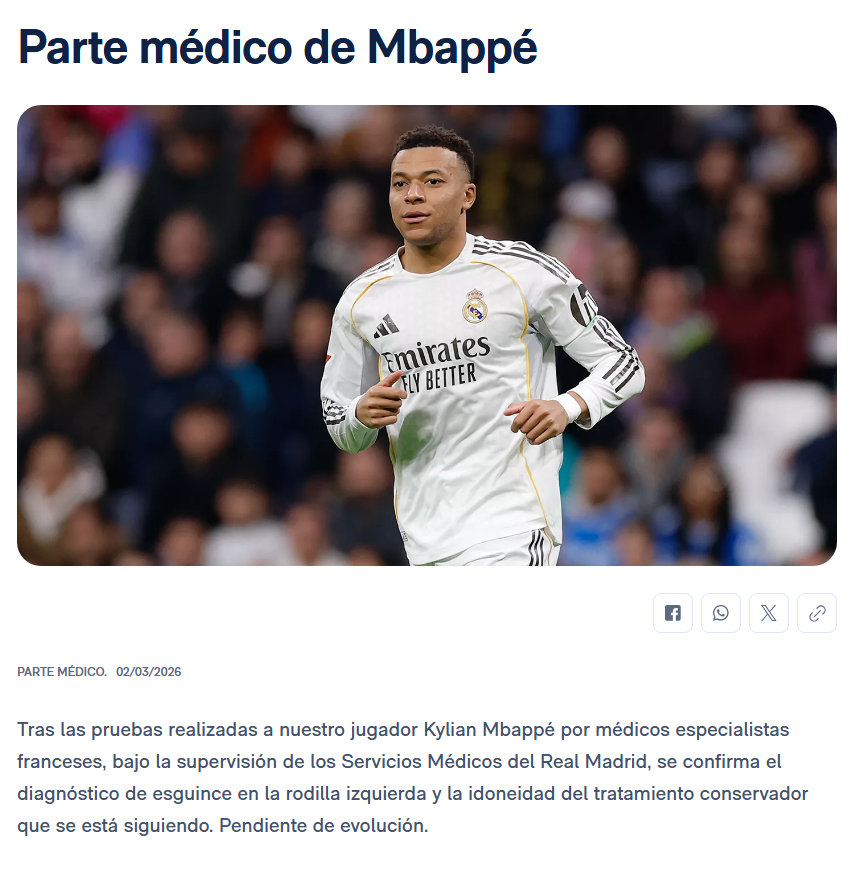 🚨【官方】姆巴佩受伤！经法国专科医生在皇家马德里医疗服务团队的监督下，对姆巴佩