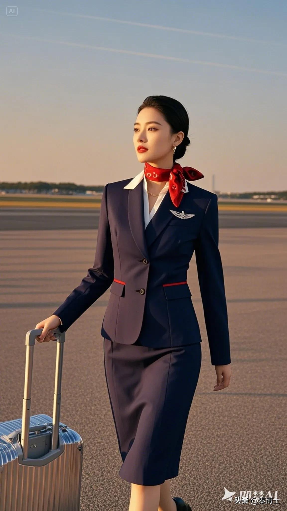 空姐，深蓝色修身西装搭配红色丝巾，左胸佩戴航空公司金属徽章