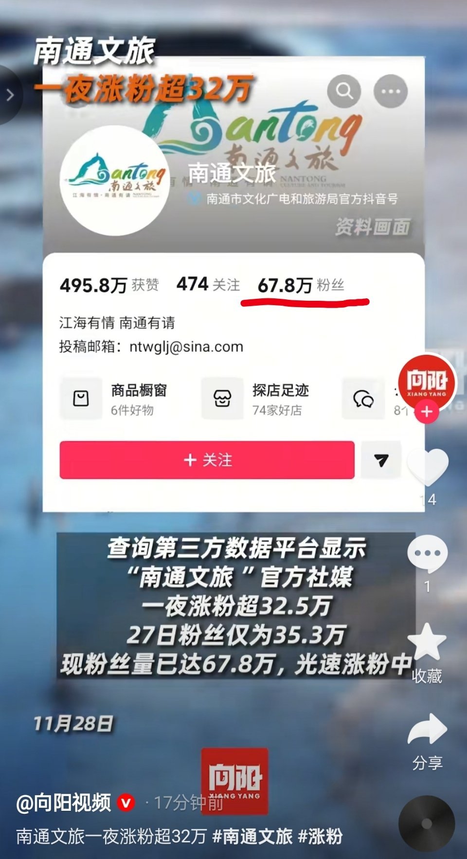 南通文旅南通文旅一夜涨粉32万！南通文旅现在有96万粉丝，快超过江苏文旅了！