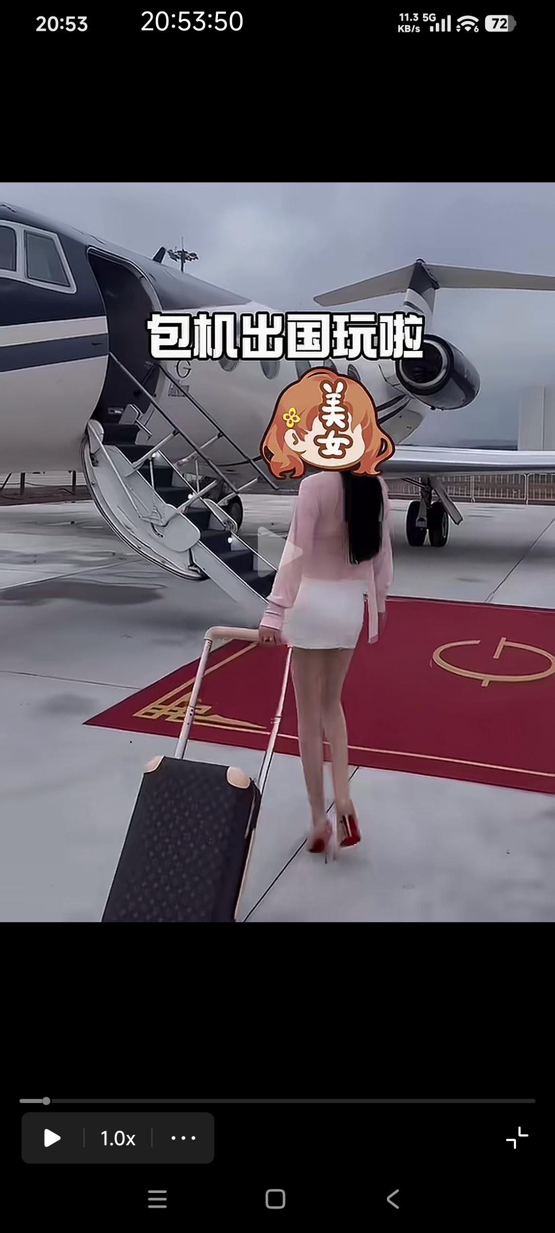 名媛：我要坐私人飞机去外国旅游。

上飞机的时候这个名媛还自己拉了一个行李箱。