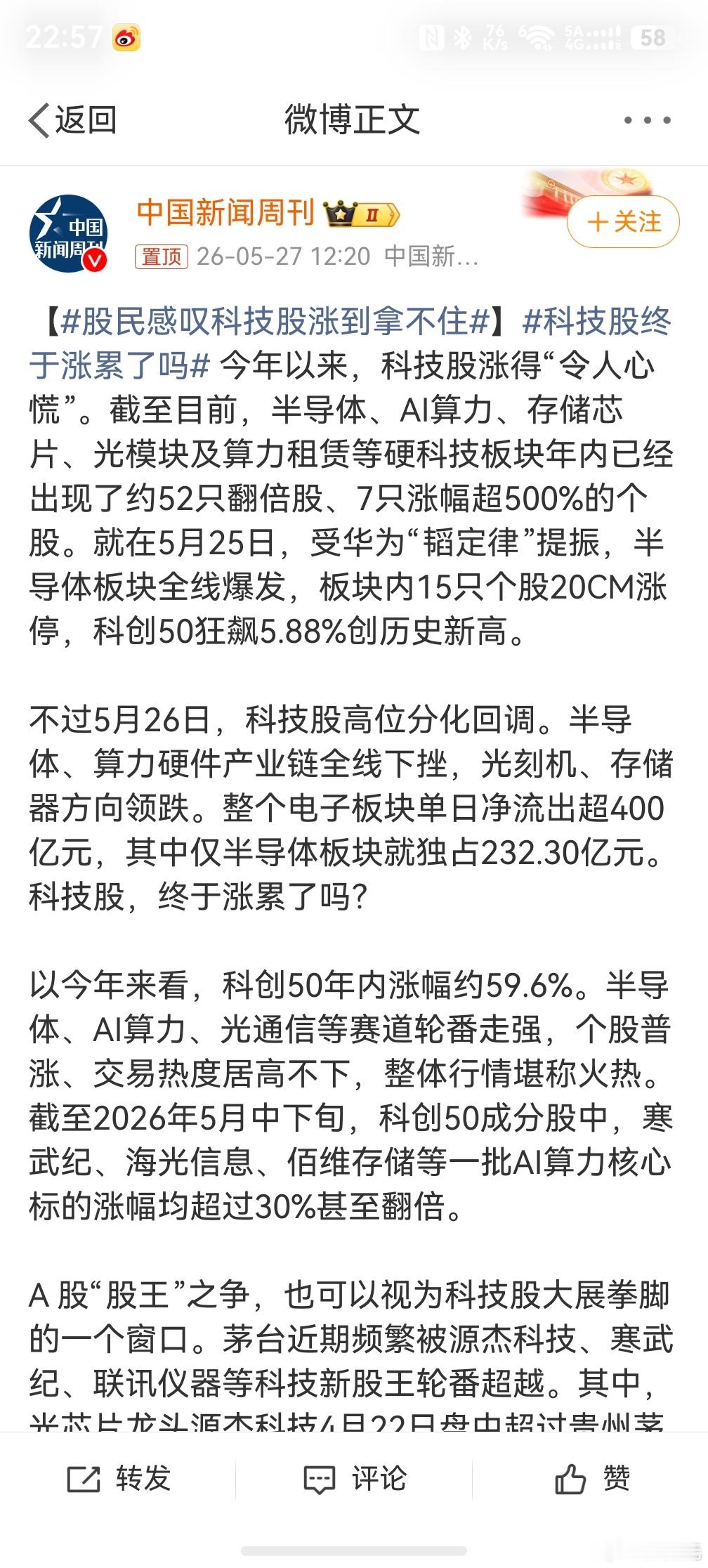 科技股终于涨累了吗，哎呀，拍断大腿呀，多少朋友都是在涨起来之前给抛掉了。因为实在