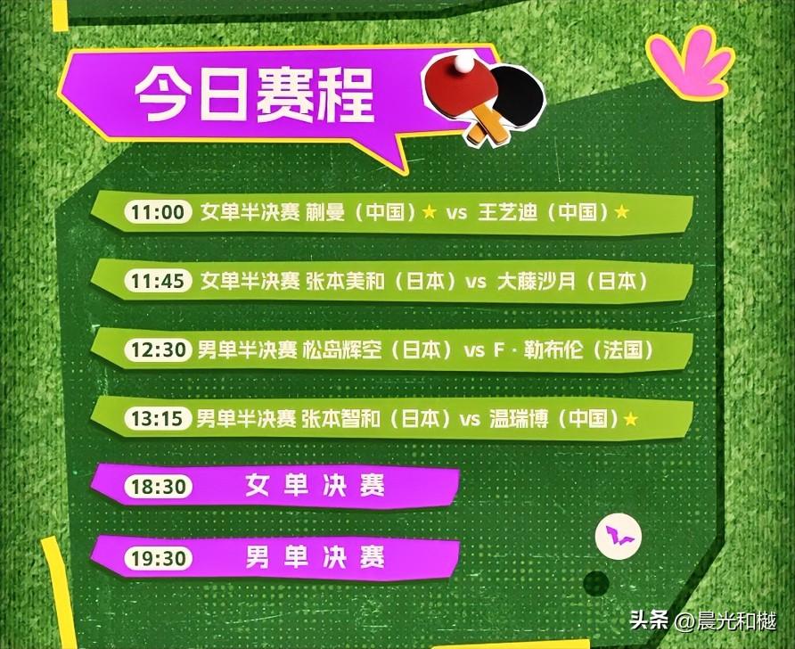 重庆冠军赛今日收官
11:00开始男女单打半决赛：
蒯曼VS王艺迪、张本美和VS