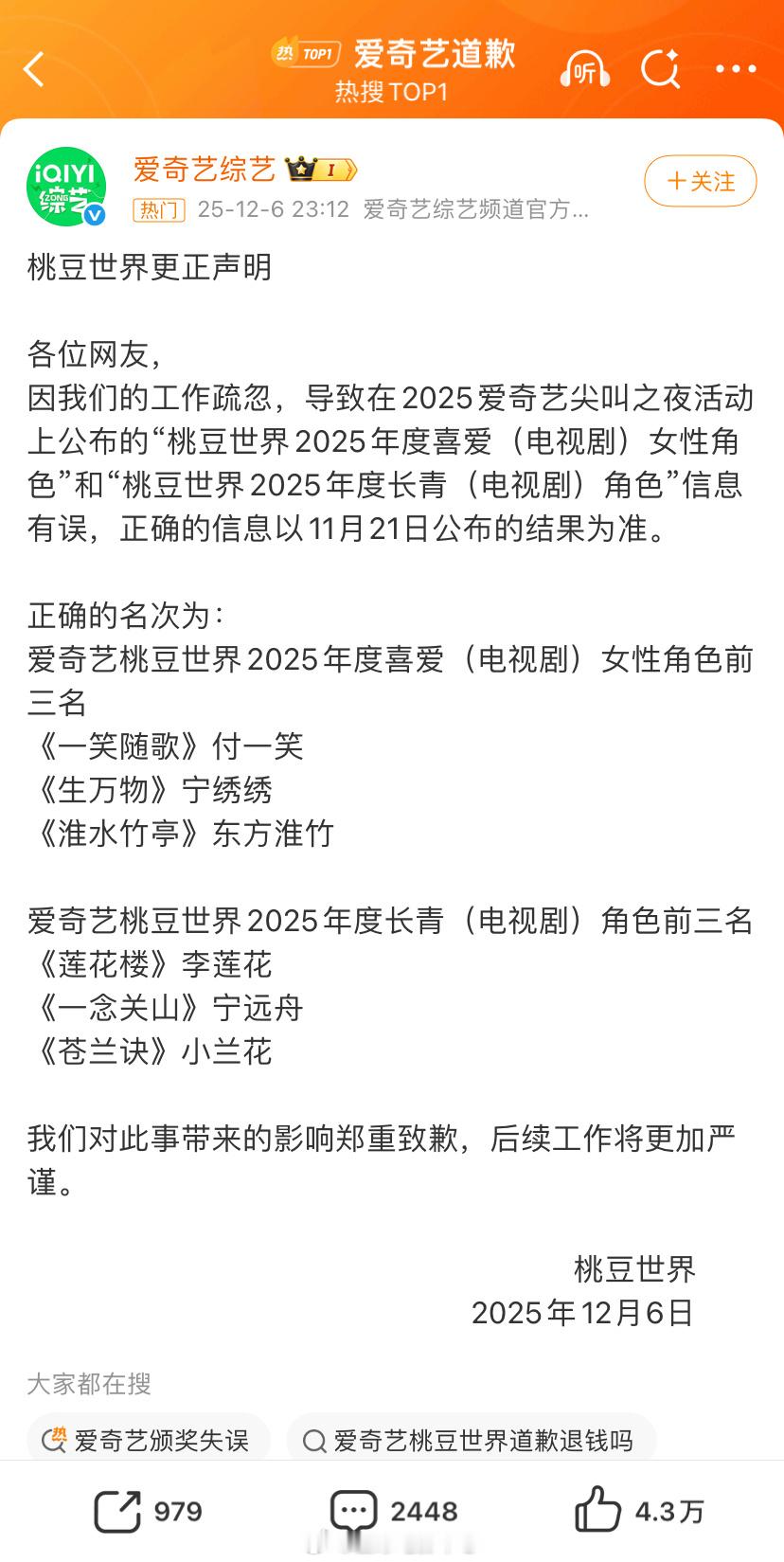 爱奇艺颁奖失误 粉丝真金白银的消费，岂能一个轻飘飘的道歉就完了？ 