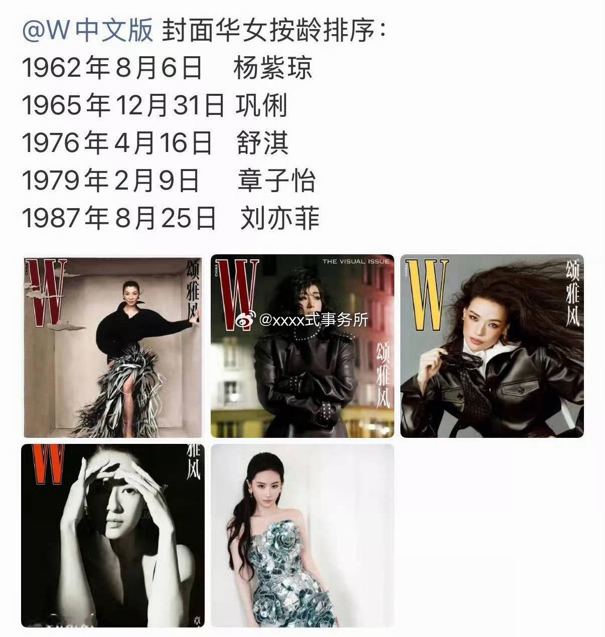 刘亦菲登即将登w杂志继巩俐、舒淇、章子怡、杨紫琼第五位登封的华人明星 这咖位 