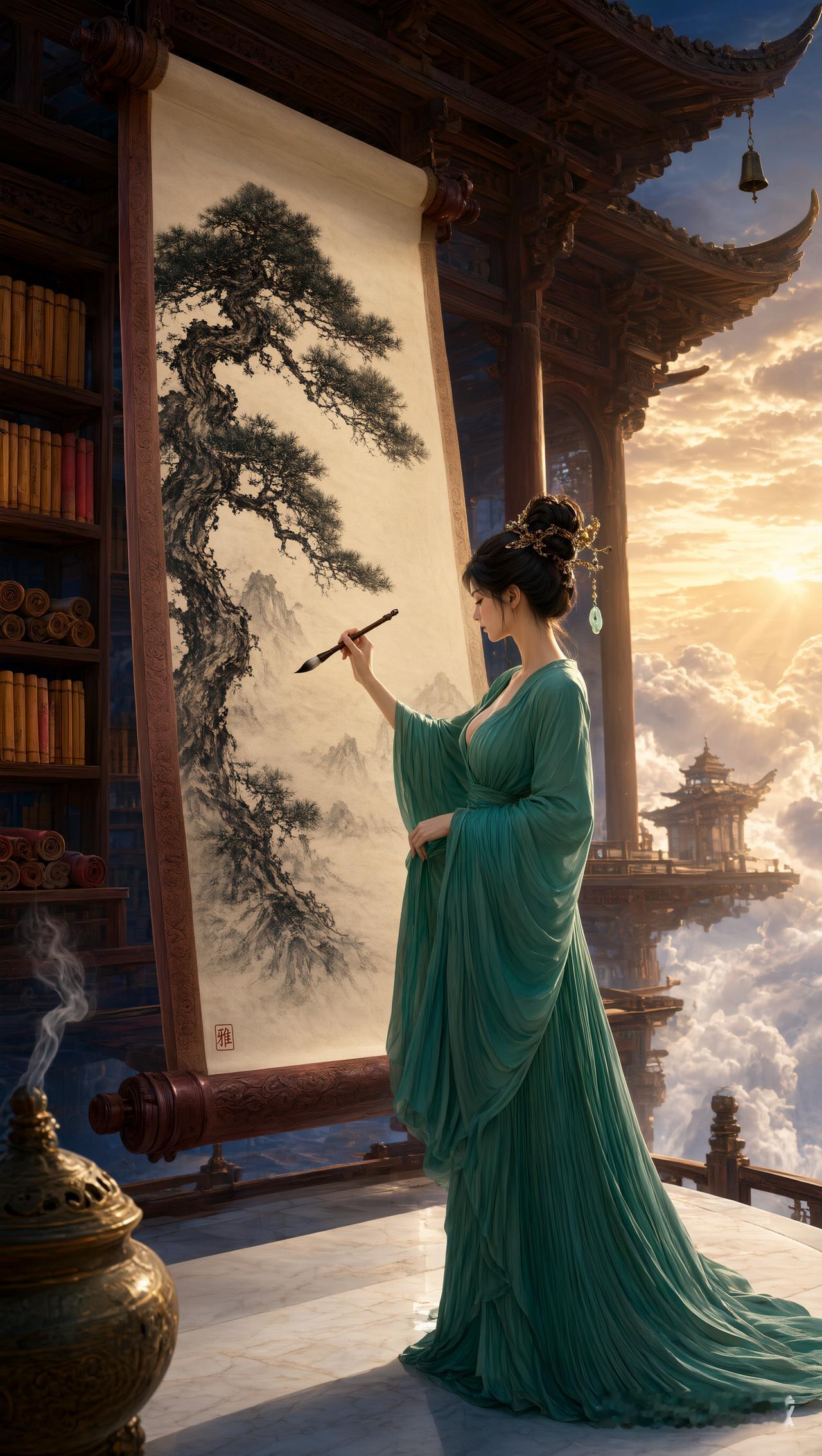 你喜欢哪一种气质的美人? 古风美人画卷前，一袭绿衣，笔墨生花，静谧如画。
