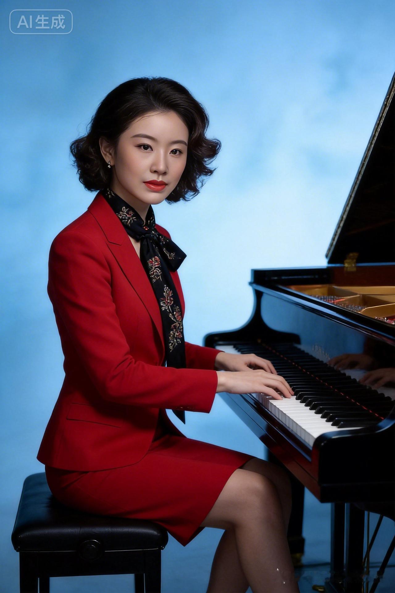 优雅钢琴家，红色西装搭配黑色丝巾，指尖流淌出动人的旋律。