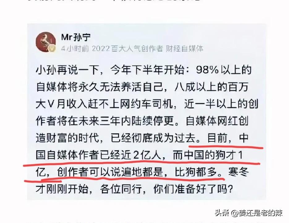 刚刚看到一个爆论！百大人气创作者Mr孙宁：中国自媒体作者近2亿人，而中国的狗才1