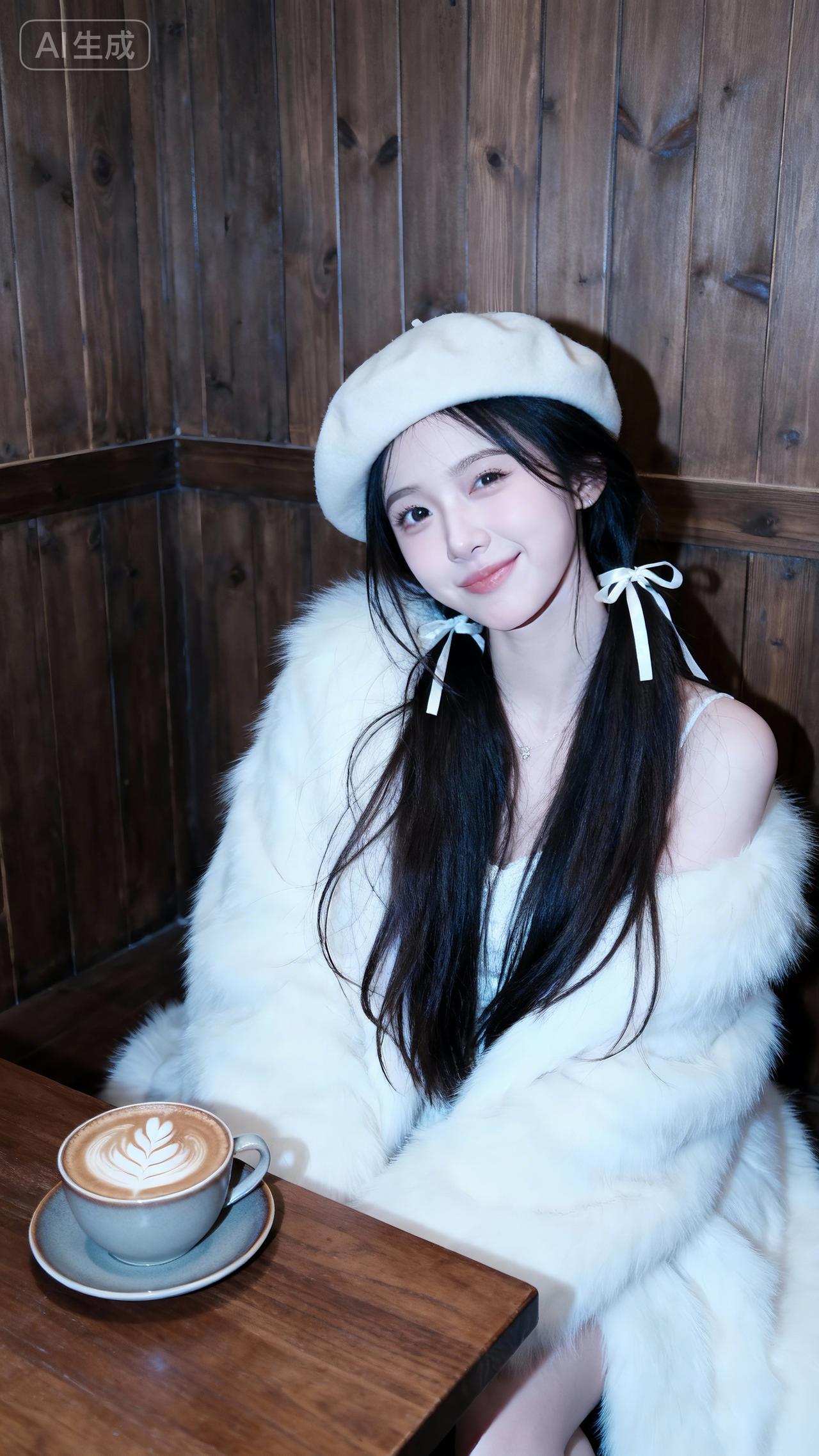 咖啡馆甜妹，白色毛绒外套配贝雷帽，纯欲温柔氛围感绝了毛绒上衣外套女 毛绒感穿搭 