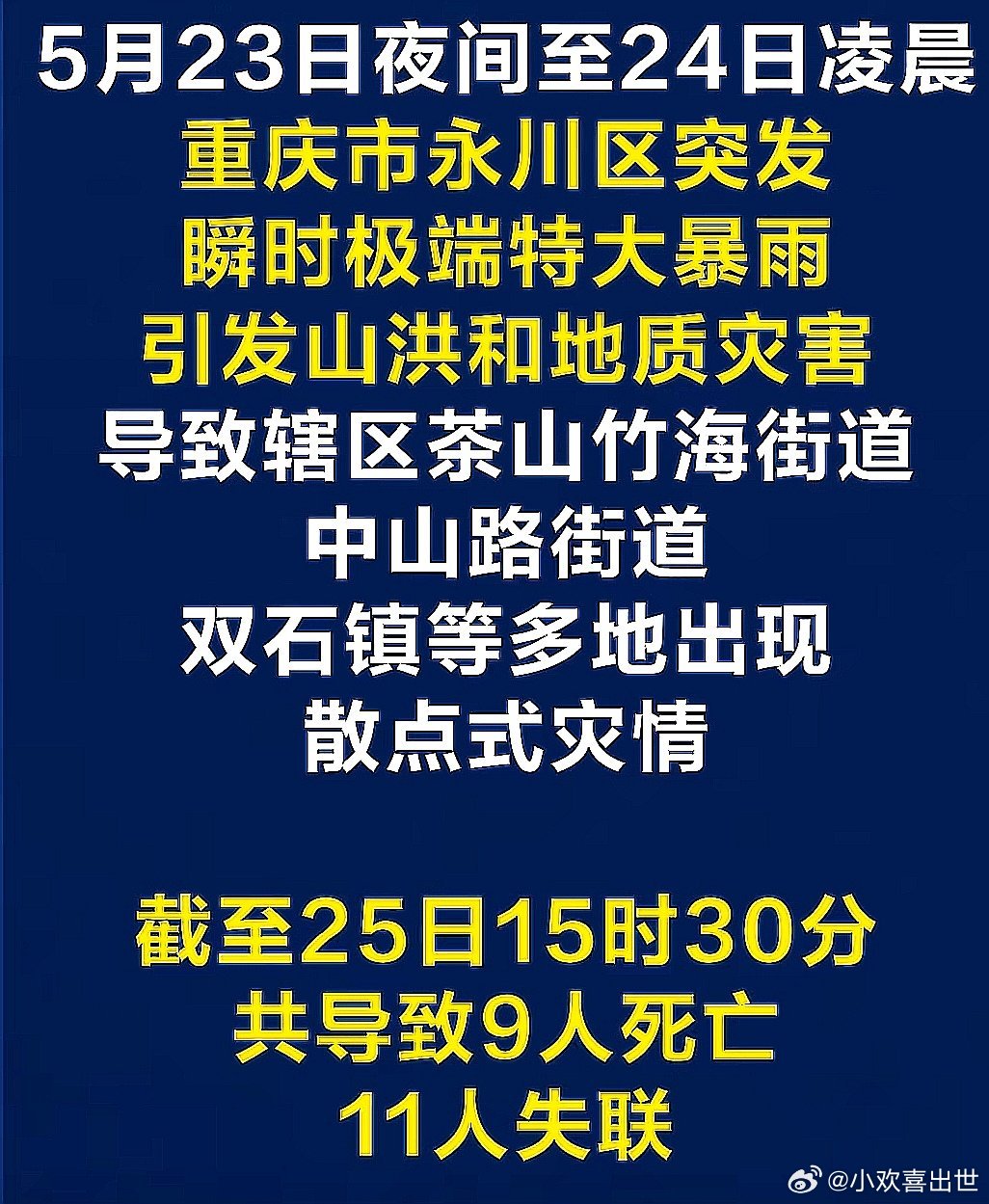 5月23日夜间至24日凌晨，中国大陆重庆市永川区突发瞬时极端特大暴雨引发山洪和地