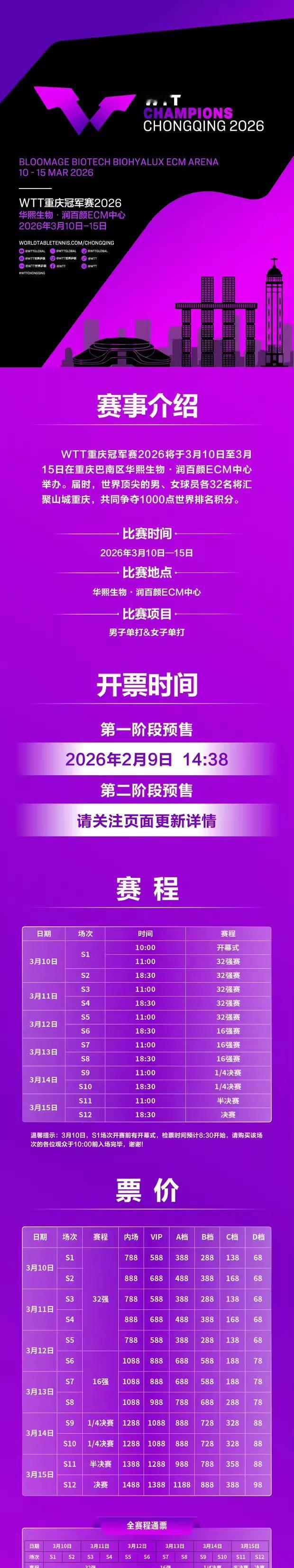 2026重庆冠军赛售票信息及赛程公布！
WTT重庆冠军赛将于
3月10日至15日