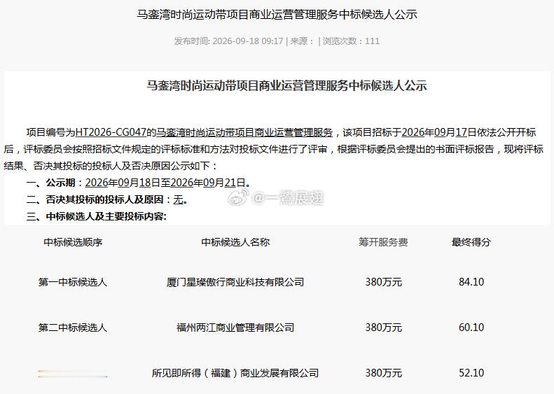 马銮湾时尚运动带项目商业运营管理服务招标公示，厦门星璨傲行商业科技有限公司成为第
