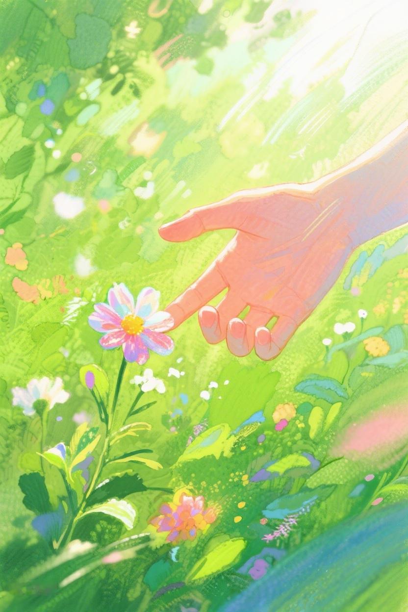 AI随心绘手轻触小花，似触碰时光的温柔。在这花海间，探寻生活的诗意与美好~