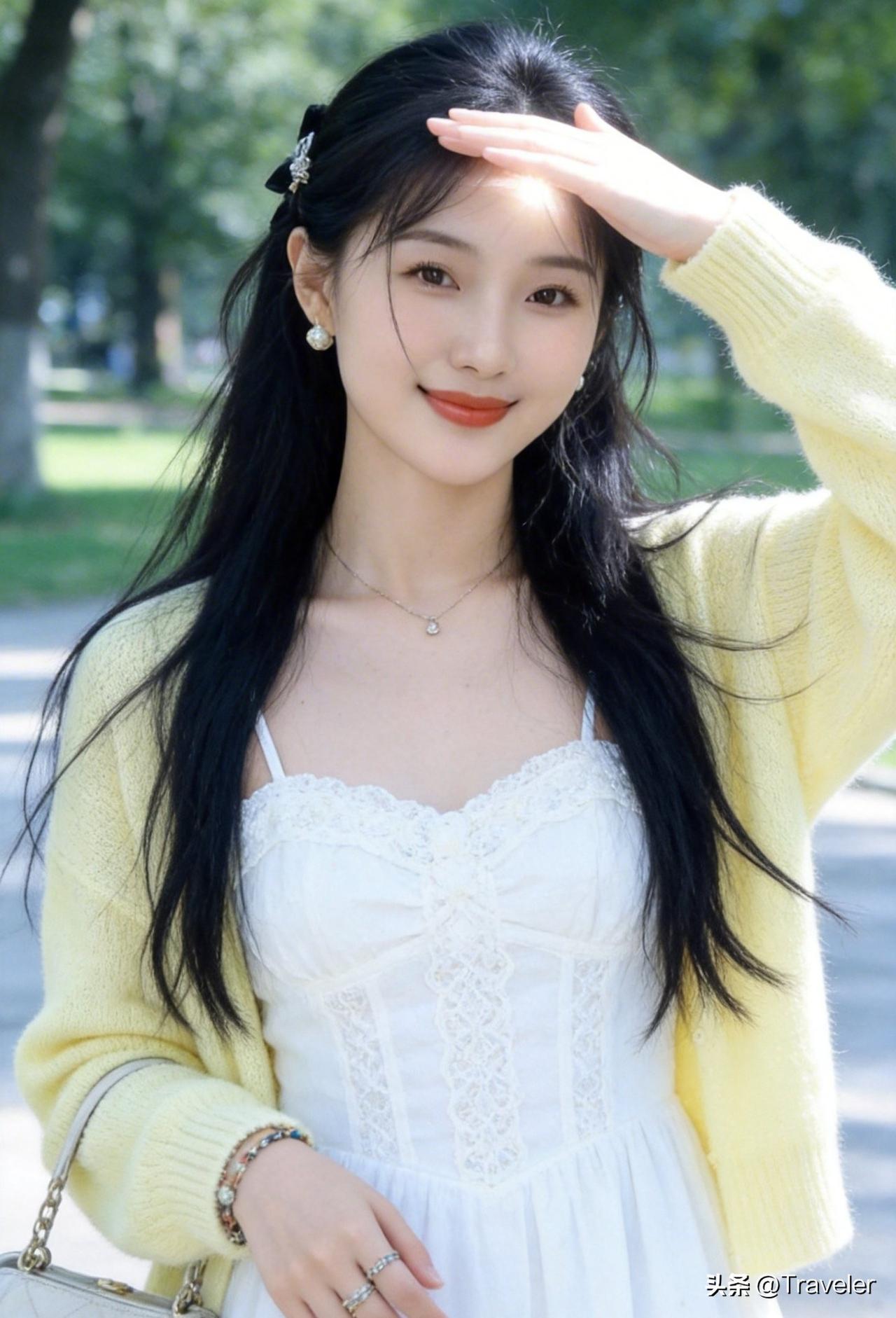 阳光明媚的午后，少女在公园里微笑着挥手。